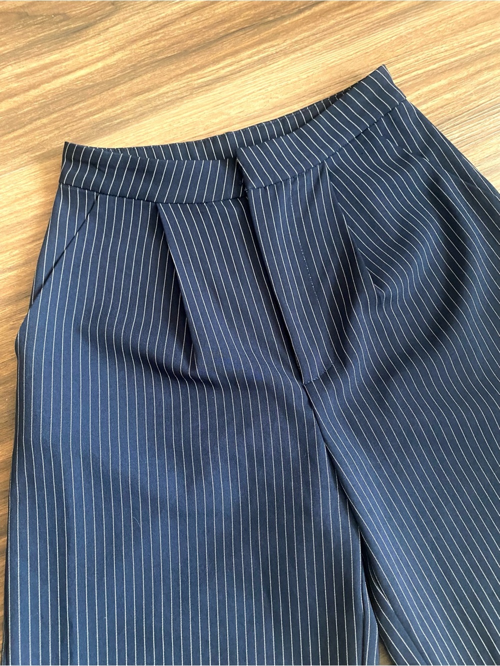 Princess Polly Navy Pinstripe Wrap Waist Wide Leg Pants High Rise US 2 - Picture 3 of 7